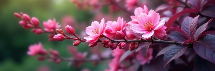 Fototapeta premium Delicate pink flowers on a slender branch amidst lush purple leaf foliage, branches, garden