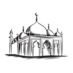 Silhouette sketch of Mosque with Domes, Minarets, Archways, and 'Happy Eid' Calligraphy Design