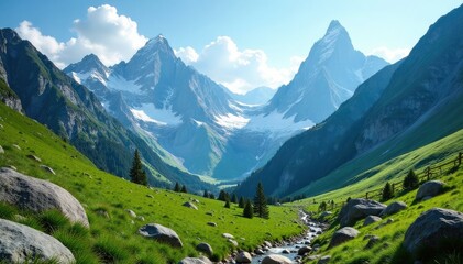 Fototapeta premium Glacial valley with towering peaks in the Italian Alps, mountains, landscape, rock formations