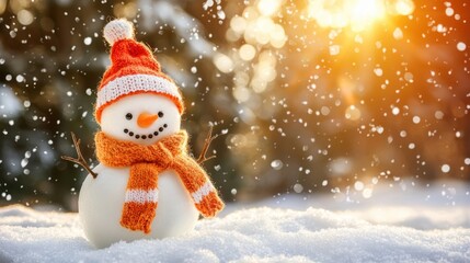 Obraz premium Snowman wearing a red hat and scarf standing in a snowy landscape during winter season