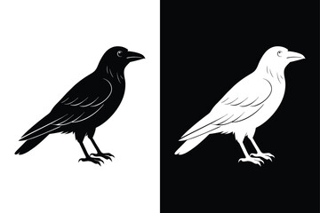 Crow Bird Silhouette Vector Icon Black and White Background.
