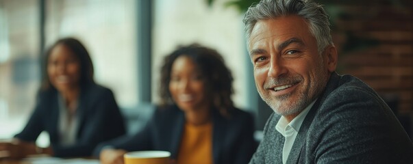 Fototapeta premium Smiling professional man with coworkers at corporate meeting