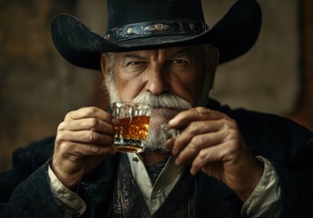 Mature Man Drinking Whiskey In Western Outfit