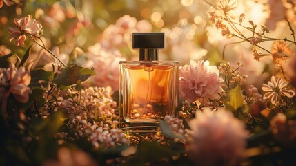 Bottle of perfume placed among colorful flowers in a blooming field under bright sunlight