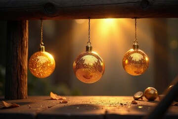 Glittering golden spheres suspended from a wooden beam, magical, wooden beam, vintage