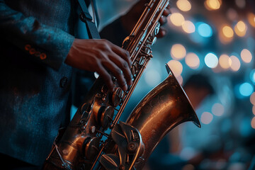Fototapeta premium Generative AI Image of a Jazz Performer Playing a Saxophone in a Vibrant Atmosphere