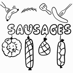 Sausages, big vector set with different sausages hanging, fork with sausage, lettering for logo, branding, packaging design