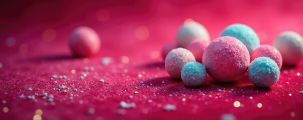 Glittering sugar balls scattered on a velvet background, sparkle, decoration, confectionery
