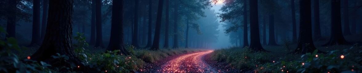 Obraz premium Glittery dark forest scene with a glowing moonlit path, forest, nighttime, glitter