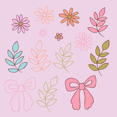 Set of floral elements and ribbon in pastel colours. Good for posters, postcards, stickers, banners, scrapbooking.