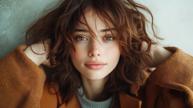 A captivating young woman poses elegantly, her striking features framed beautifully, evoking feelings of beauty, youth, and allure that draw the viewer in.