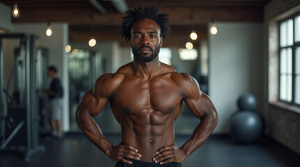 Fototapeta premium Afro american male bodybuilder in front of gym