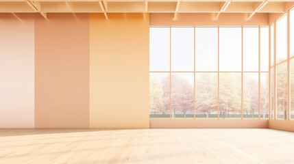 Fototapeta premium A spacious modern interior with large floor-to-ceiling windows allowing soft natural light