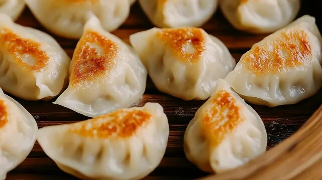 Freshly cooked dumplings on wooden tray displayed in succulent rows capturing juicy texture and goldenbrown perfection