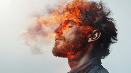 A man with fiery elements emerging from his head represents intense emotions and thoughts, merging the human form with abstract fire, creating a striking visual declaration.