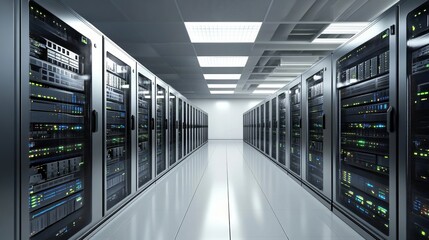 Cloud computing data storage network server room technology infrastructure modern environment wide-angle view digital concept