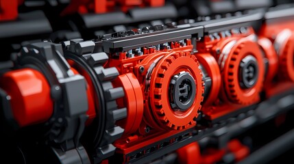 Fototapeta premium A close-up of intricate mechanical components featuring vibrant red and black elements, showcasing precision engineering and design.