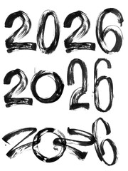 Black Numbers lettering 2026 . Realistic drawing of brush strokes and blotches with black ink,watercolor acrylic paint