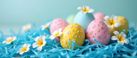 Whimsical Pastel Easter Eggs Surrounded by Soft Blue Straw and Adorned with Delicate Floral Accents for a Festive Spring Display