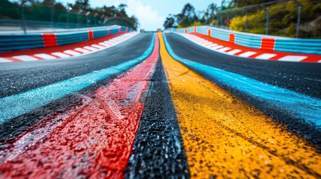 Vividly marked racing track surface showcases bright colors and smooth curves under a sunny sky, inviting thrilling motorsport activities and competitions.