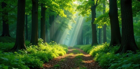 Obraz premium Overgrown coniferous forest with deciduous trees, leafy canopy, shaded path, natural scenery