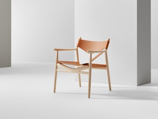 Minimalist interior design, simple wooden chair against a white wall backdrop simple