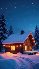 Fototapeta premium Snow-covered roof with twinkling lights above, snow, radiant