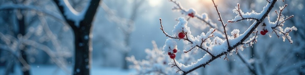 Snowflakes cling to frozen limbs of bare deciduous tree, winter, serenity, cold