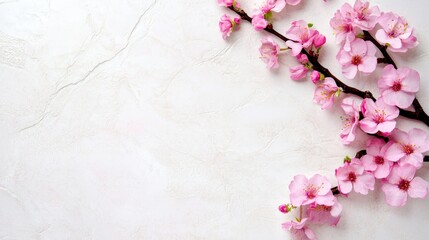 Pink Blossoms on White Background - Delicate pink cherry blossoms arranged on a textured white surface, creating a beautiful spring scene. Perfect for greeting cards, blogs, and websites.