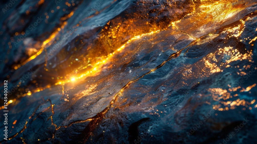 Poster molten lava flows across a jagged rock surface creating bright glowing patterns as twilight descends