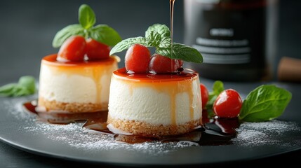 A beautifully crafted cheesecake topped with glossy cherries and a rich caramel drizzle, perfect for indulging in a moment of sweet delight.