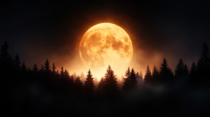 An enchanting scene of a large golden moon rising behind a silhouette of trees, evoking a sense of wonder and connection to the beauty of nature.