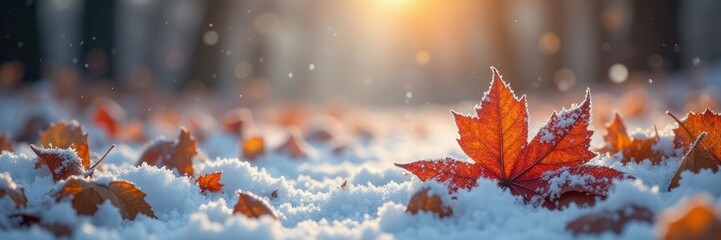Fototapeta premium Snowflakes gently settle on autumn leaves frost, white, peaceful
