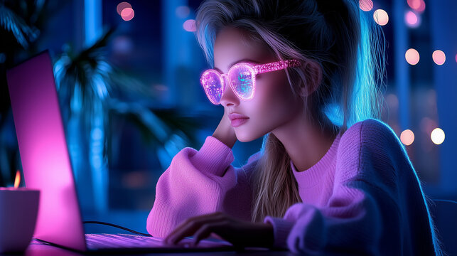 Futuristic girl with neon glasses working online. Internet, artificial intelligence, and remote education. Cybersecurity and digital future.