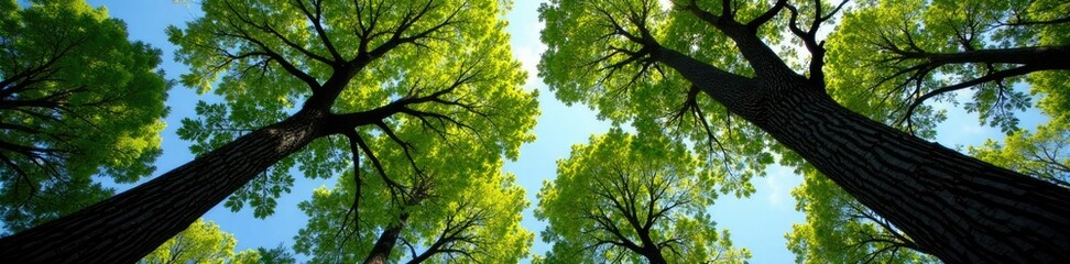 Fototapeta premium Tree branches stretching upwards with a mix of live and dead limbs, foliage, sky