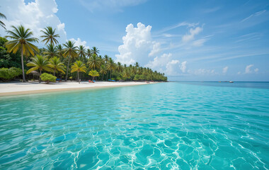 Fototapeta premium A tropical island with turquoise water, white sand, palm trees, paradise vacation.