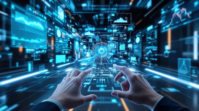 Futuristic AR Interface with Holographic Data & Touch Panels