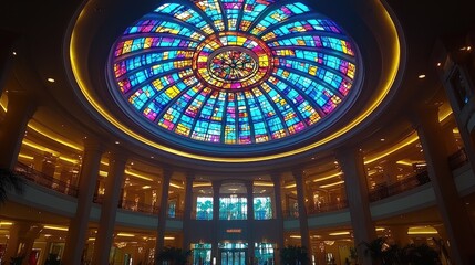 Obraz premium A colorful stained glass dome illuminates a spacious atrium with elegant lighting.