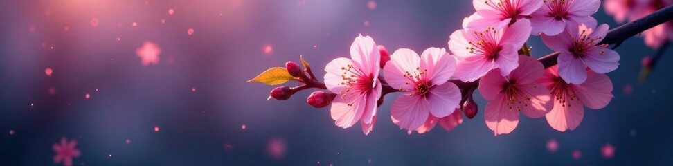 Fototapeta premium Twinkling lights on a branch of cherry blossom tree, blossoms, blooming