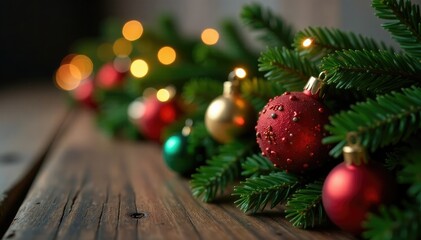 Twinkling lights on a rustic evergreen garland with colorful ornaments, holiday, garland, decoration