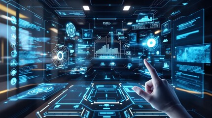 Futuristic AR Interface with Holographic Data & Touch Panels