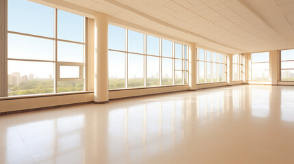 Fototapeta premium A spacious modern interior with large floor-to-ceiling windows allowing soft natural light. 