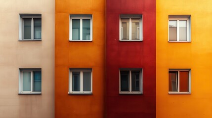 This captivating image showcases a building's facade painted in earthy tones of browns and yellows, with geometric windows, casting intricate shadows on the wall.