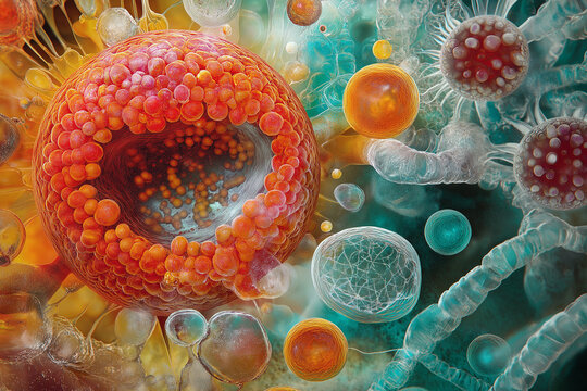 The Bacterial Bloom and A dramatic depiction of bacteria and viruses in a battle for survival and close-up of viruses attacking human cells