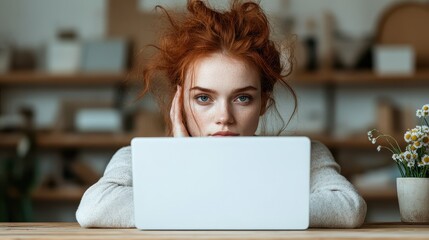 A captivating portrait of a thoughtful young woman resting her chin on her hand while gazing into the distance, capturing a moment of introspection and contemplation in a cozy setting.