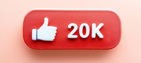 Red Social Media Button with 20K Followers and Thumb Up Icon on a Pastel Pink Background