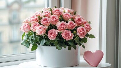 Obraz premium Pink roses in a white pot with a heart-shaped box on a windowsill in a sunny room
