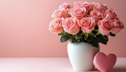 Fototapeta premium Pink roses arranged in a white vase with a heart-shaped box near them on a soft pink background