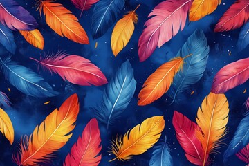 Colorful feathers in vibrant hues against a dark blue background create a lively pattern