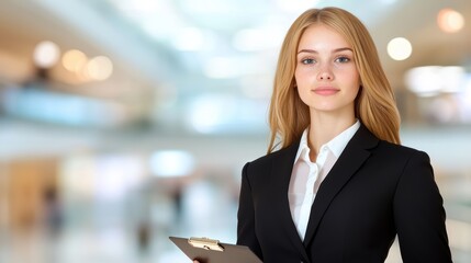 Businesswoman in a suit holding clipboard, professional work, data analysis, and corporate tasks.